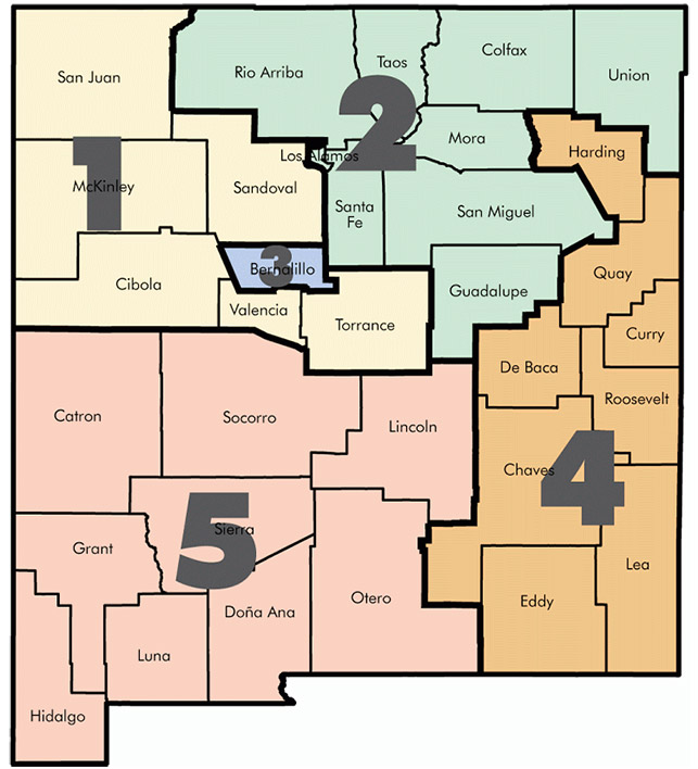 Map of New Mexico counties grouped into five regions