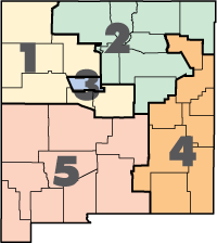Map of New Mexico with 5 regions labeled